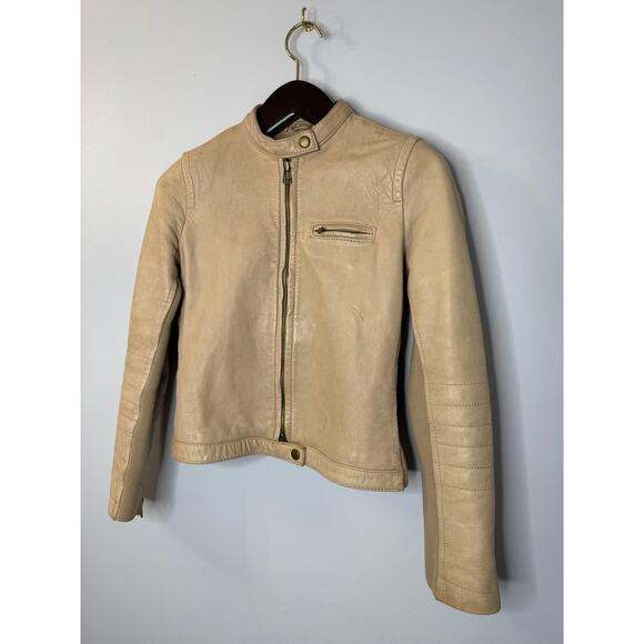 J. Crew Collection Y2K Leather Vintage Motto Zip Jacket Beige Women's 2 - Picture 2 of 13
